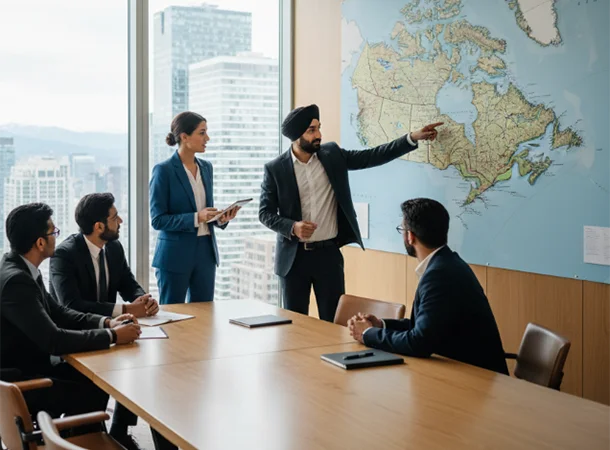 A diverse group of business professionals, including a person in a turban, gathered in a modern office with large windows, reviewing an accurate map of Canada on the wall, representing company expansion in a real-world Punjab Insurance environment.