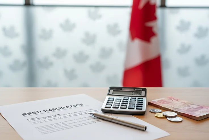 A clean, modern desk with an RRSP insurance document, a pen, a calculator, Canadian coins and bills, and a Canadian flag in the background, representing financial planning and RRSP insurance in Canada.