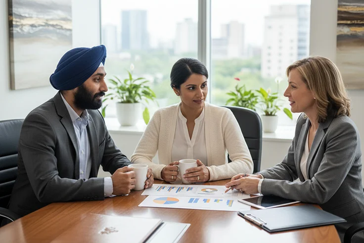 Couple meeting advisor, reviewing charts