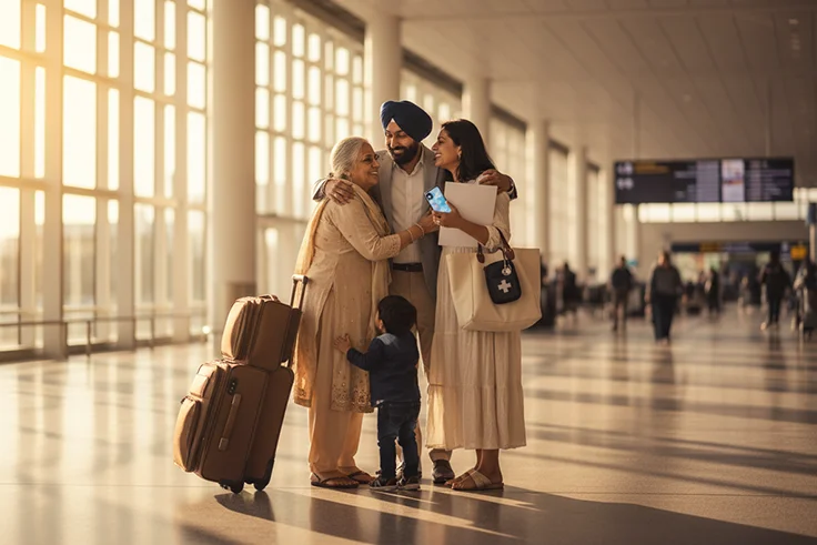 Family greeting elders at airport