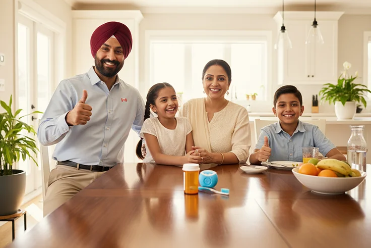 A Punjabi family (father with a turban, mother, and two children) sitting at a kitchen table with a prescription bottle, toothbrush, and dental floss, smiling in a bright, modern home—representing drug and dental insurance coverage.