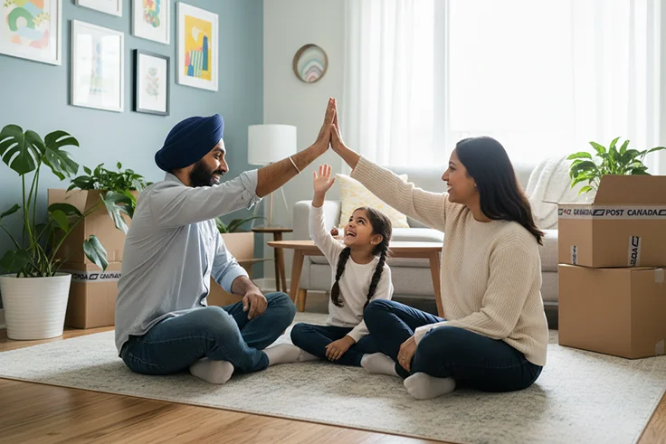 Sikh family high-fiving at home