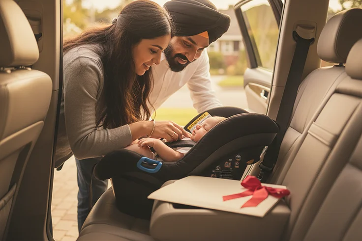 Sikh parents with baby in car seat